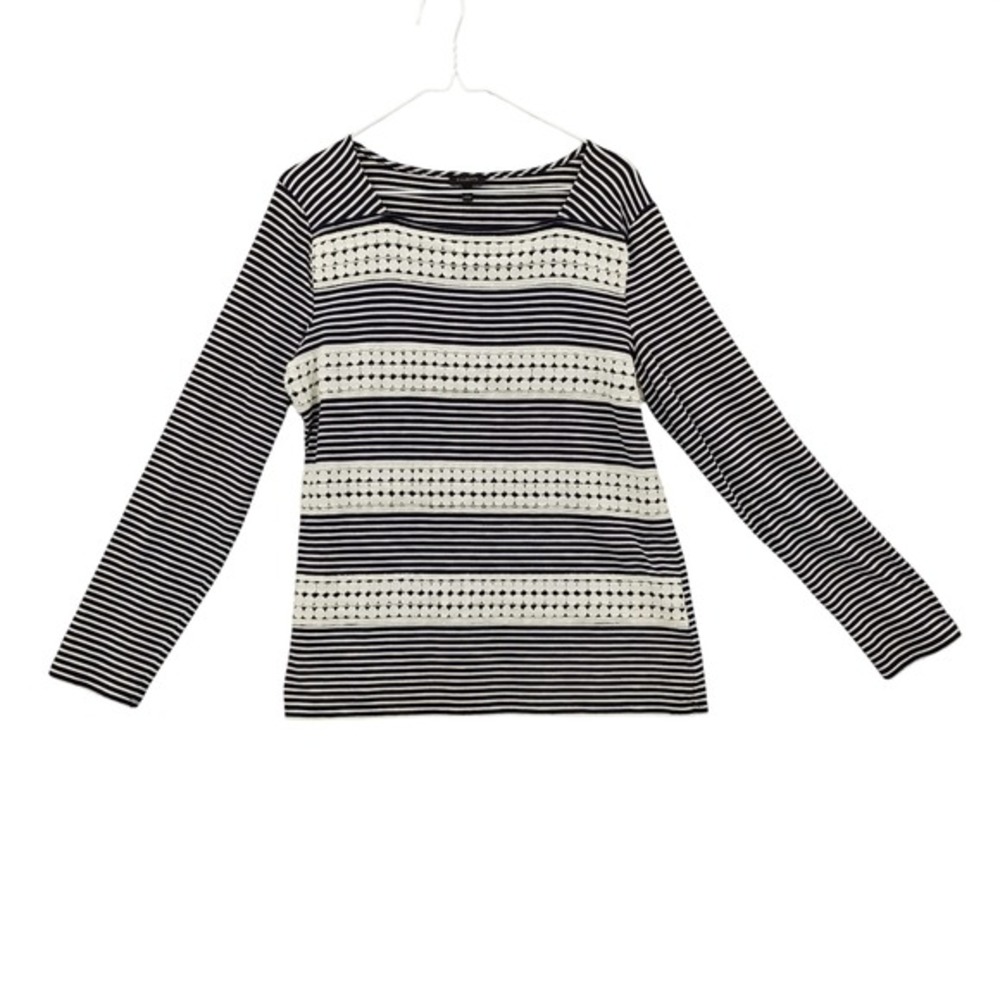 Talbots Womens Preppy Coastal Crochet Lace Stripe Long Sleeve Top M Navy White